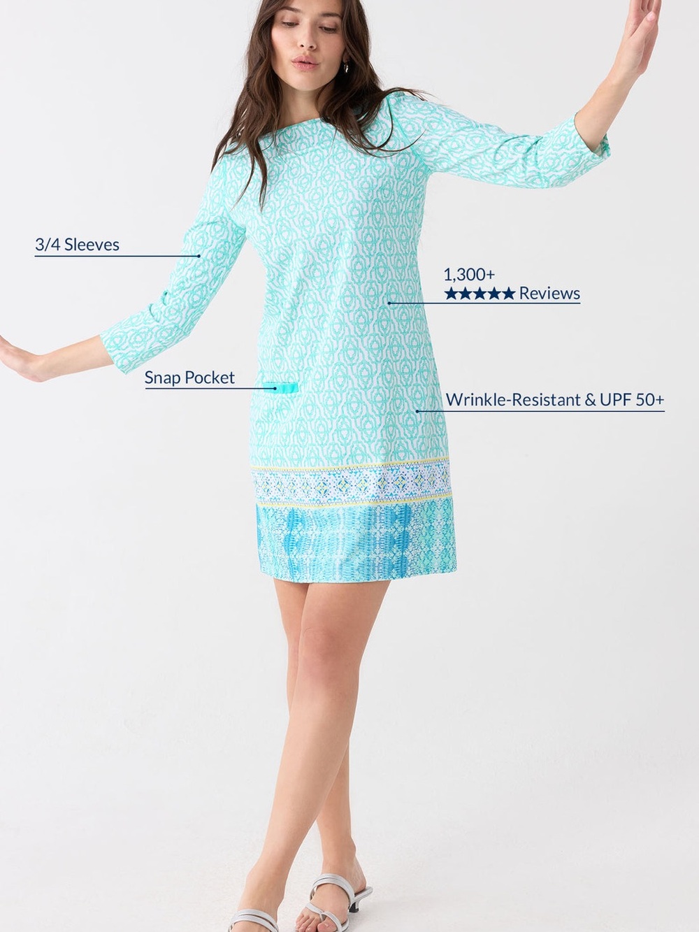 Cabana Life Coastal Cottage Aqua Patterned 3/4 Sleeve Shift Dress - Picture 2 of 4